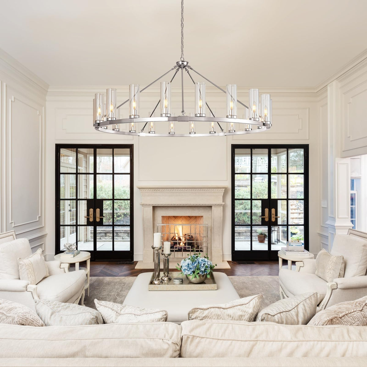 20 Light Large Wagon Wheel Chandelier with Clear Glass Shade Chrome Round Pendant Light Farmhouse Industrial Chandeliers Dining Room Light Fixture for Stair Living Room Foyer Kitchen (Chrome / 1 Tier-20 Lights)
