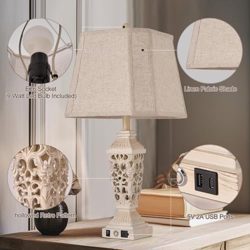 27.5" Touch Control Traditional Table Lamp Set of 2 with USB A+C (Wash White / 27.5")
