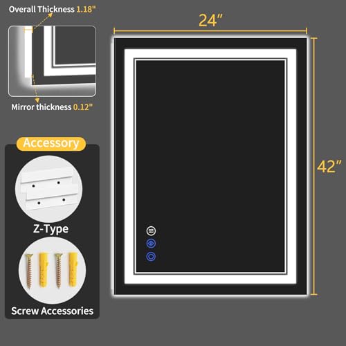 24"x42" LED Bathroom Mirror with Lights (24"L x 42"W)