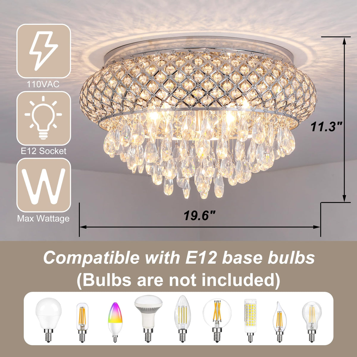 19.5'' Chrome Chandelier with Crystal Raindrop Prism (19.6"Wx11.3"H / Chrome)
