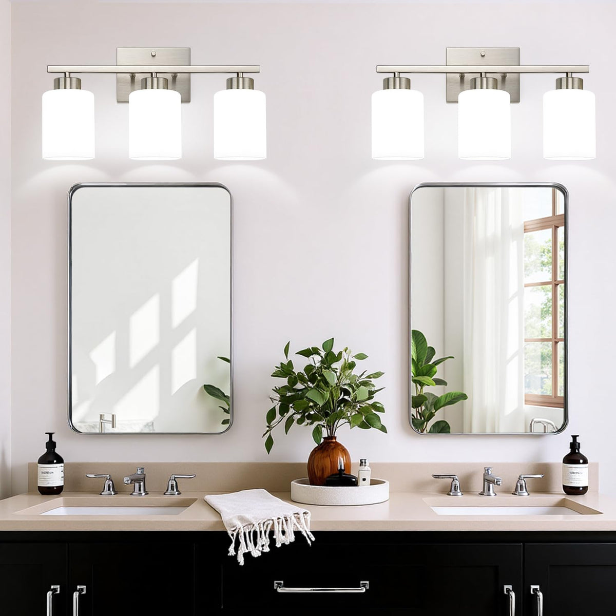 Brushed Nickel Bathroom Light Fixtures with Milk Glass Shades (Brushed Nickel & Milk Glass / 3-light)