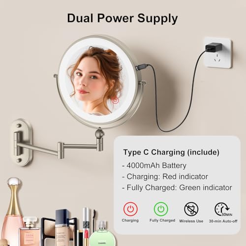 9" Wall Mounted Lighted Makeup Mirror (Nickel)