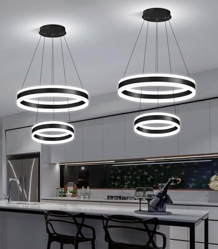 D7.8''+15.7'' Modern Ring Chandelier for Dining Room LED Dimmable Pendant Lighting for Living Room Foyer Bedroom Entryway 3000K (1044-Black / 2 Rings-15.7'')