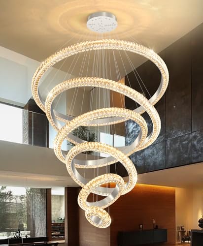 47" 6 Ring Crystal Chandelier Modern LED Dimmable Ring Pendant Light Chandelier for Dining Room Living Room Silver (Silver / 6 Ring Round 47")