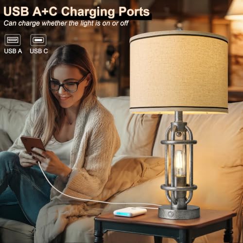 23.75'' Table Lamps Set of 2 for Living Room Bedroom Industrial Farmhouse Metal Touch Lamps with USB A+C Ports (23.75'' Antique Silver - Set of 2)