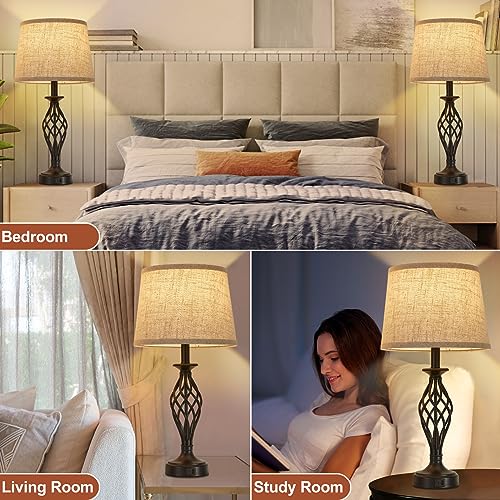 Table Lamp for Bedroom Set of 2 with USB C+A Ports (Black Base + Beige Lampshade)