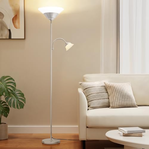 2-in-1 Torchiere Floor Lamp, 34W Super Bright LED Standing Lamp with Remote & Touch Control, 72" Dimmable Adjustable Corner Reading Lamp for Living Room, Bedroom, Office, Silver (Silver)