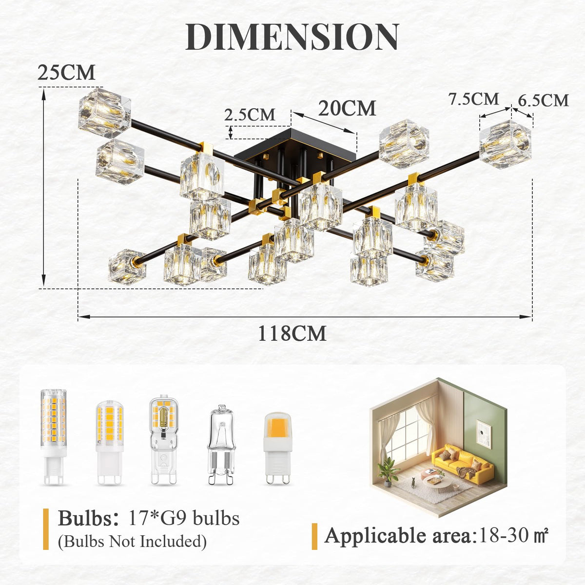 Crystal Sputnik Ceiling Light Fixture (Black+Gold(17lights) / 46.4inch)