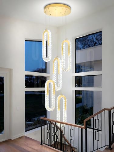 Modern LED Chandelier 5 Ring Gold LED Pendant Light Adjustable Height Hanging Chandelier for Staircase Foyer (Gold / 5 Rings (New))