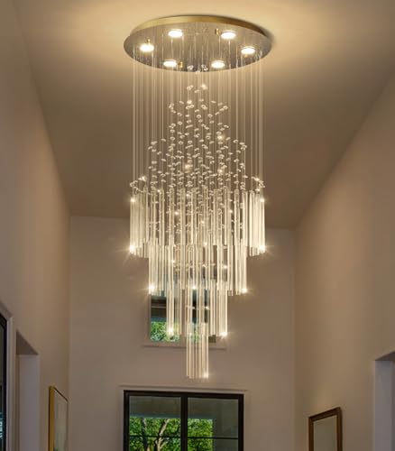 W20 x H40 Crystal Glam Chandelier Long Light Chandeliers with Dimmable Light Bulbs High Ceiling Light Fixtures for Foyer Entryway Living Room Stair Gold (Gold / Round W20" X H40")
