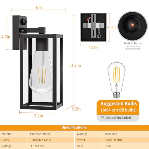 2 Pack 13‘’ Motion Sensor Outdoor Wall Light Fixture (13.3'' / Black)