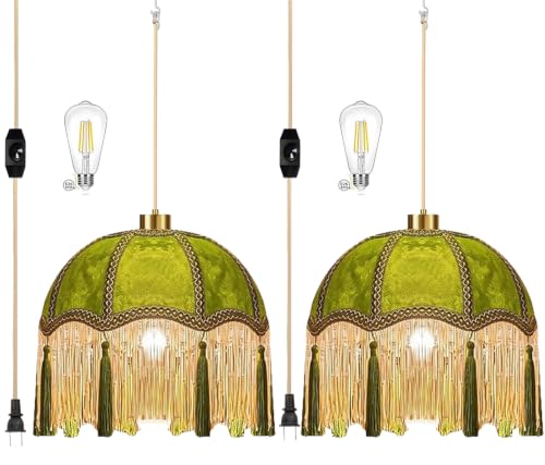 Plug in Pendant Light Hanging Lights with Plug in Cord Fringe Green Hanging Lamp Gold Mid Century Vintage Dimmable Tassel Flower Plug in Chandelier Ceiling Fixture Victorian Boho 2 Pack (Pendant Light-26)