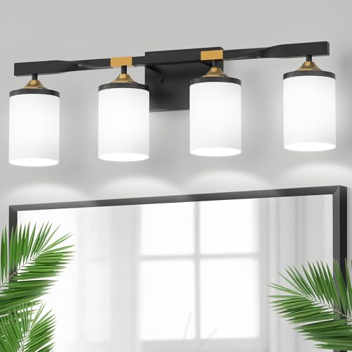 Bathroom Vanity Light Over Mirror (Black and Gold & Milky White / 4-Light)