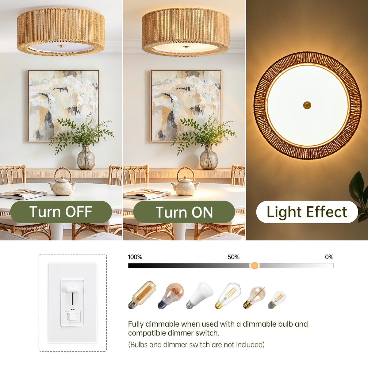 15.7" Boho Ceiling Light (Vertical Weave- Brown / 15.7")