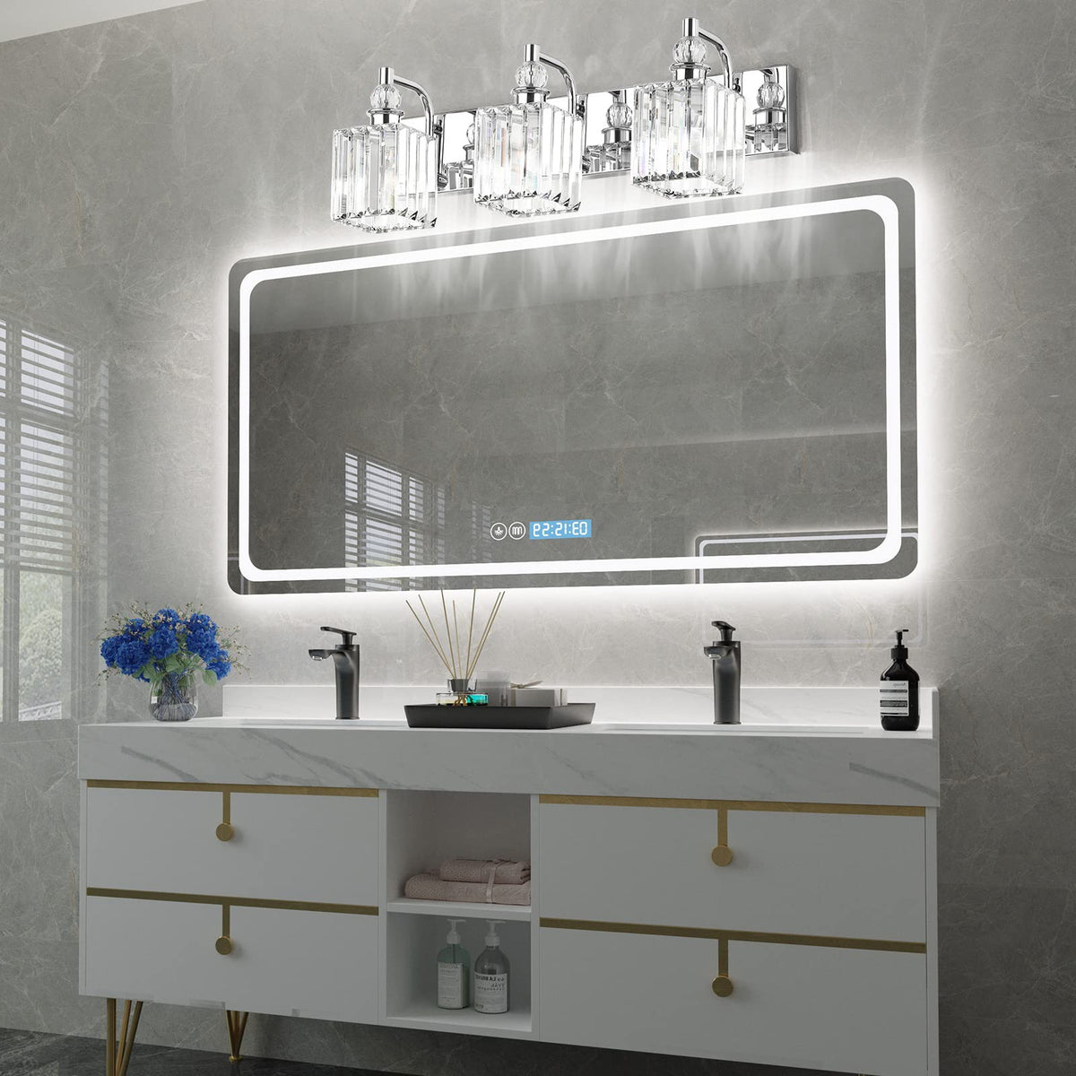 Modern Crystal Vanity Light 3 Light 24''Bathroom Lights Fixtures Over Mirror Chrome Vanity Light for Bathroom Wall Lighting (Square-Chrome / 24 inch)