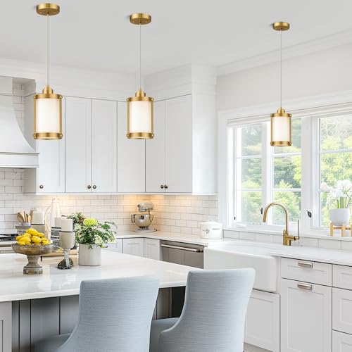 Brushed Gold Pendant Lights Kitchen Islands (Gold + Milk Glass / 1-Light Pendant, 3 Pack)