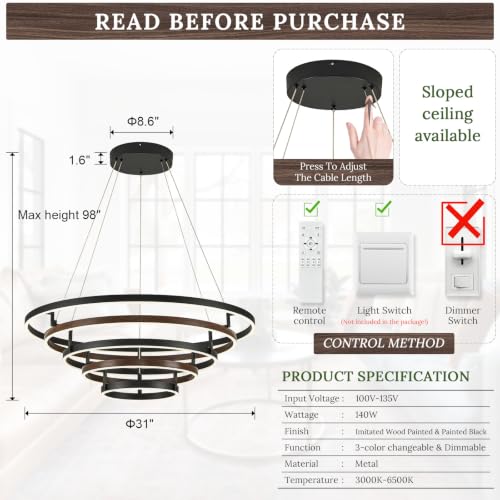 5 Ring LED Chandelier Modern Chandeliers Walnut Wood Black Dimmable 31'' (Black / 31.1 inch)