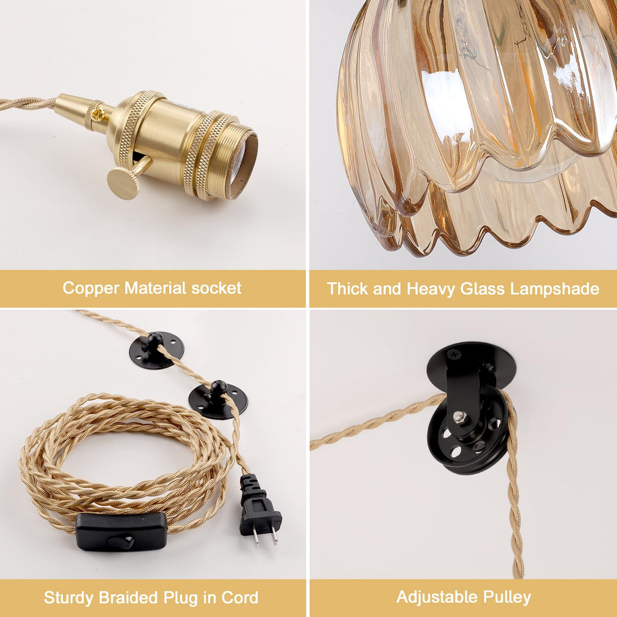 Plug in Pendant Light Hanging Light Fixture Corded On (Gold Amber)