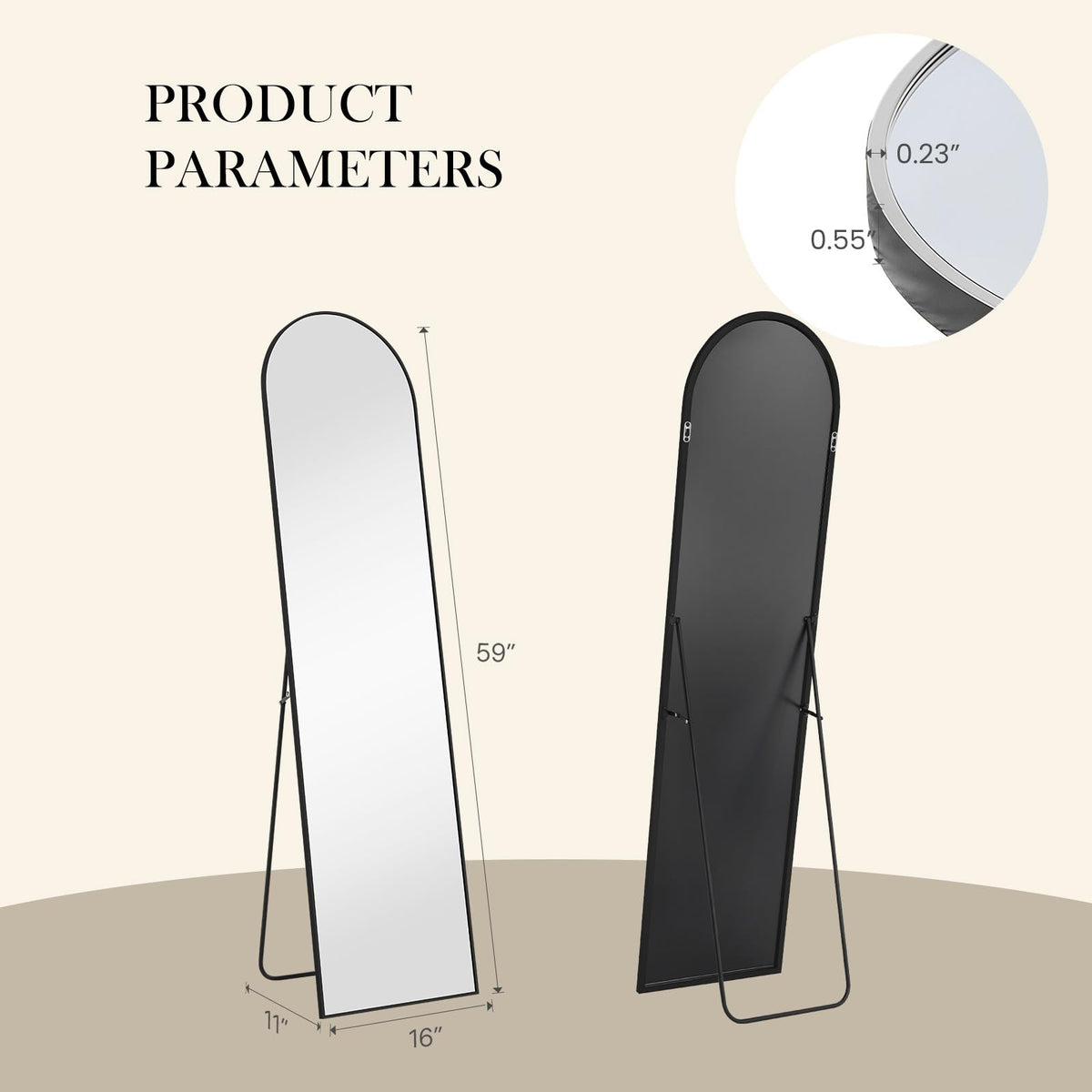 16"x60" Arched Full Length Floor Mirror (Black-arched / 60"L x 16"W)