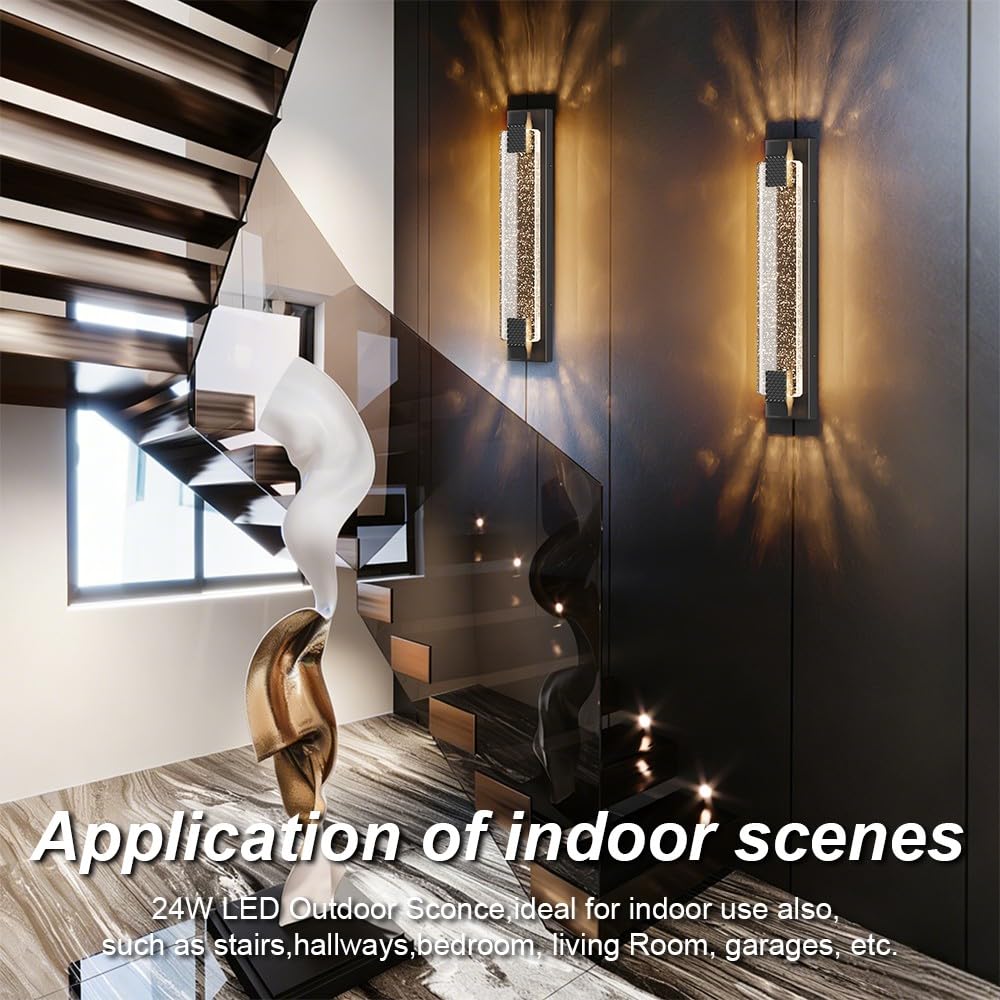 23.6in Black Outdoor Wall Sconces Modern LED Crystal Exterior Lights (Black / 23.6 inch)