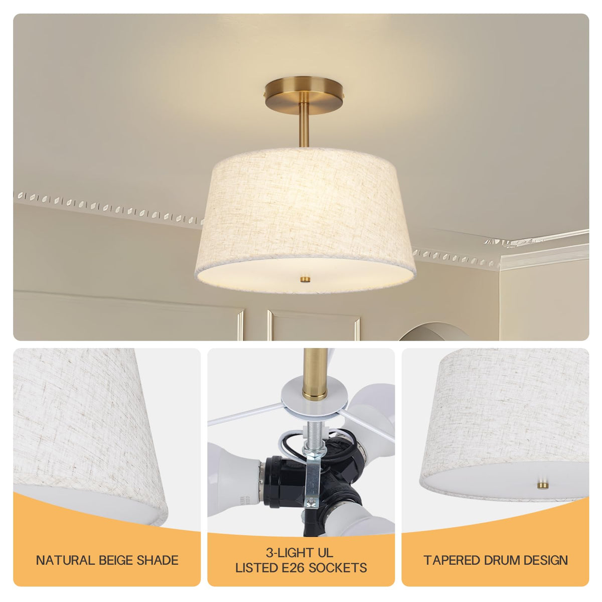 Cone Shaped Semi Flush Mount Modern Ceiling Light Fixture (Cone-Beige)