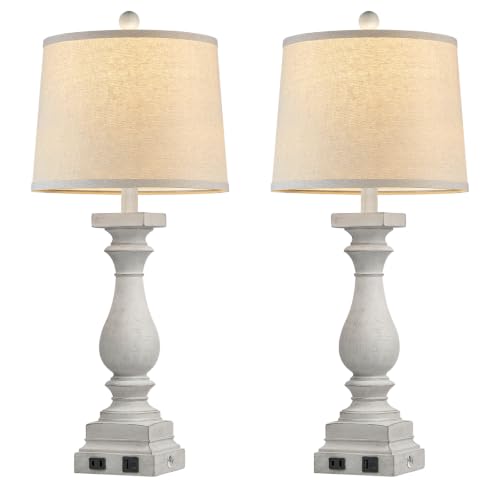 28" Tall Farmhouse Table Lamps Set of 2 with USB C+A Ports and AC Outlet (White-2 Pack)
