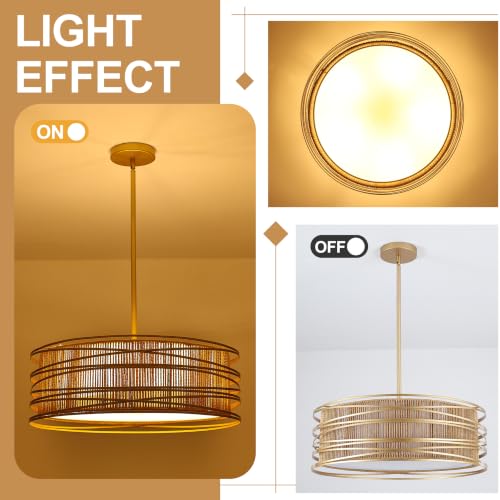 23.6" Gold Rattan Chandelier Boho 5 (Gold / 23.6 inch)