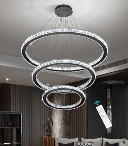Crystal Chandelier Modern Dimmable LED Ceiling Light Fixture with Remote 3 Rings Stainless Steel Pendant Lighting for Living Room Dining Room Foyer Black (Black / 3-Ring 32")