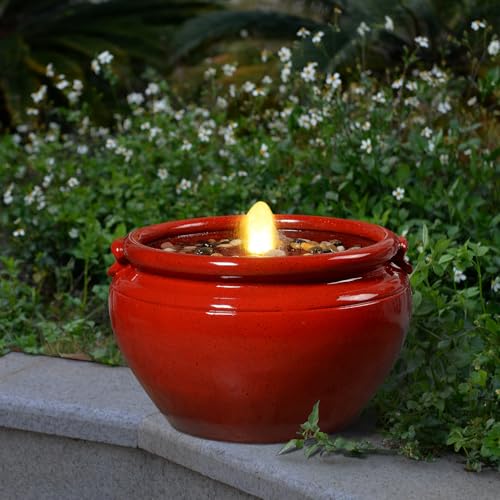 Red Glazed Resin Outdoor Water Fountain with LED Lights (Red Round Flow Fountains)