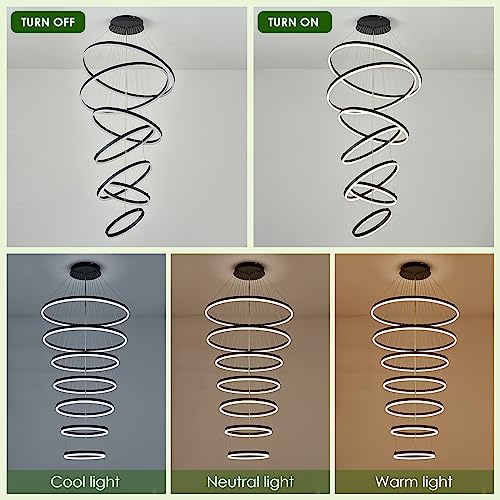 7 Rings D31.5in Modern LED Chandelier Black Dimmable High Ceiling Chandeliers Foyer with Remote Control for Staircase Entryway Dining Room Living Room (Black / 7 Rings 31.5in)