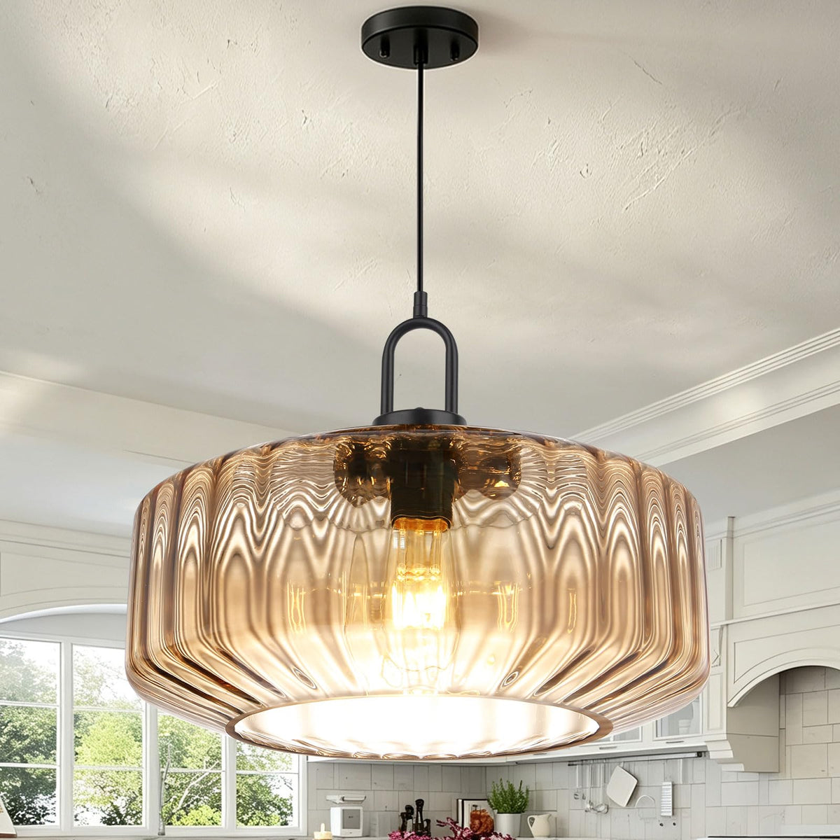 13.78″ Large Glass Pendant Light Mid Century Amber Lighting fixture (13.7″-Amber)