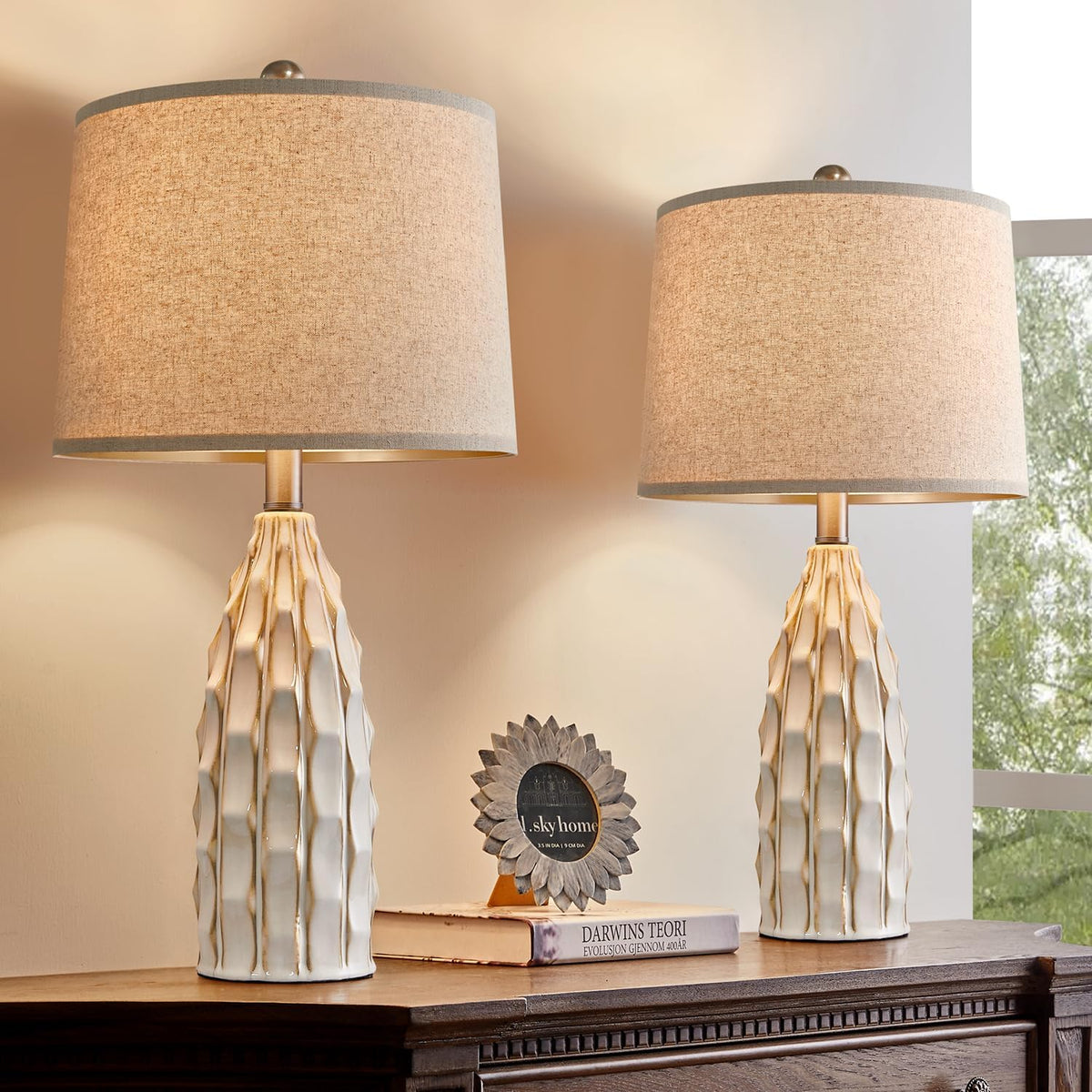 Ceramic Table Lamps Set of 2 (B 23.75"-Cream-2Pack)