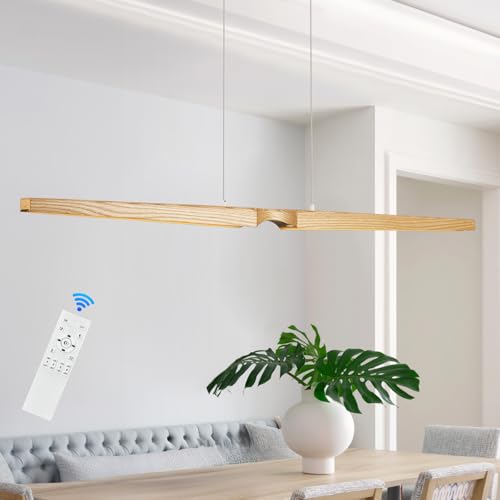 52in LED Linear Chandelier Natural Wood Pendant Light Dimmable (Natural Wood / 51.2'')