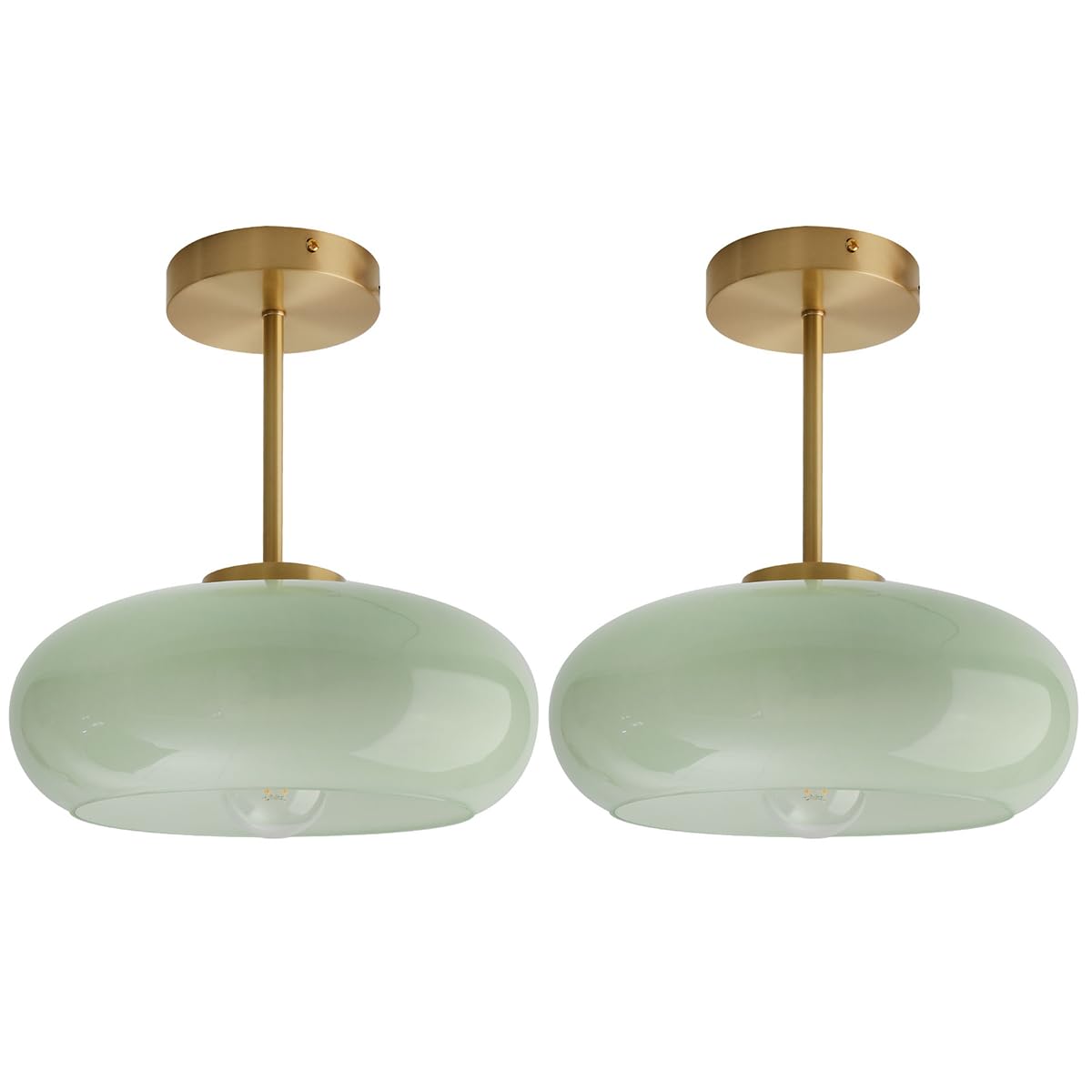 Milk Glass Ceiling Light Semi Flush Mount Ceiling Lights fixtures with Milk Green Glass Shade Mid Century Modern Flush Mount Lighting Gold Brass Close to Lamp for Hallway Kitchen Sink (Milk Green 2)