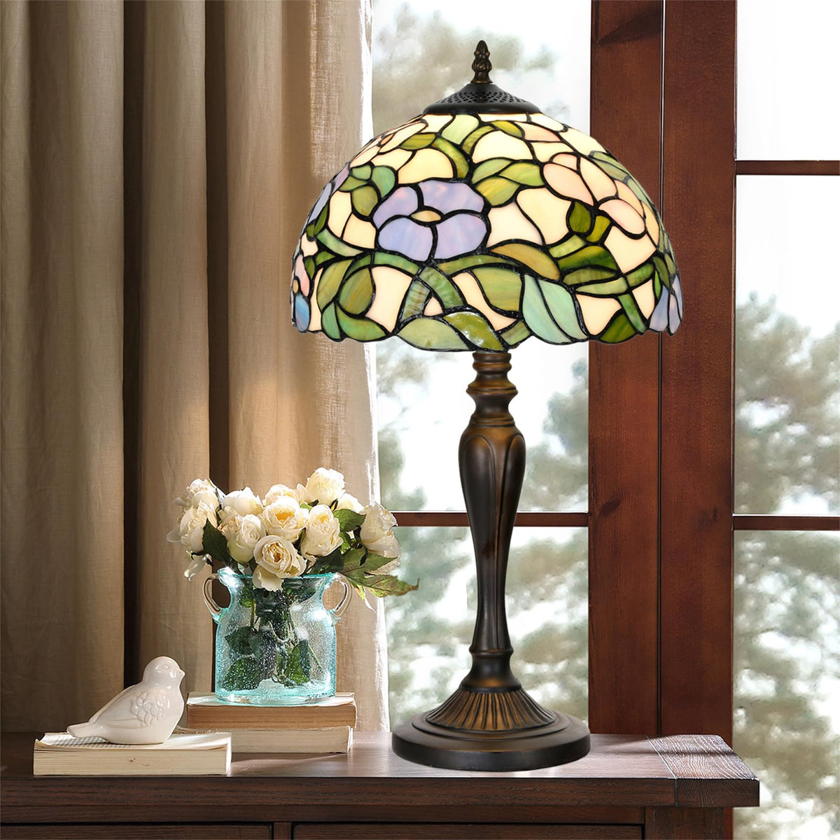 TL0005 Tiffany Table Lamp Bedside Stained Glass Lamp Spring Floral Design Reading Desk Light 12X21.5 Inches for Bedroom Living Room Home Office (Spring florals)