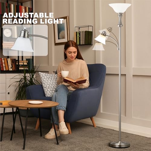 Torchiere Silver Floor Lamp with Adjustable Angle Reading Lamp (Silver)