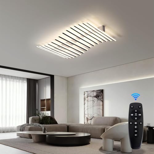 15 Lights Linear Modern Ceiling Light with Remote Control 43.3 inch Dimmable LED Chandelier Semi Flush Mount Light Fixture for Dining Room Kitchen Island Living Room (Black / 43.3x23.5inch)