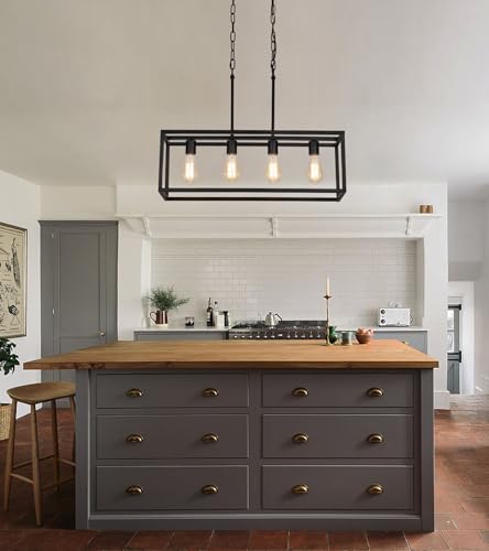 Black Rectangle Island Lighting Rectangular Modern Industrial Chandelier 4 Lights Linear Vintage Cage Light Fixtures for Kitchen Dining Room (4-Lights)