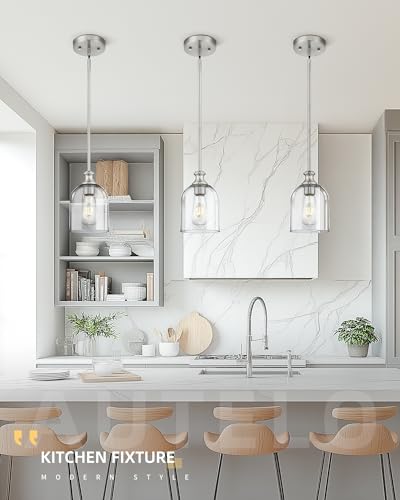 Modern Brushed Nickel Pendant Lights Kitchen Island Cylinder Glass (1 Pack-Brushed Nickel+Clear Glass(Easy to install))