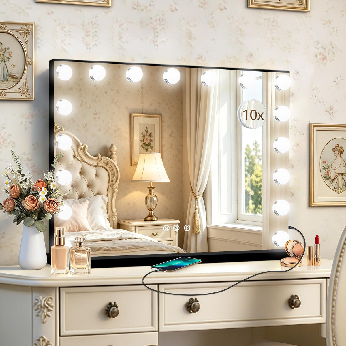 Black Hollywood Vanity Mirror with Lights (Black / 28"L x 20"W)