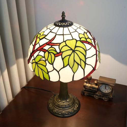12 Inch Tiffany Lamp Grape Leaf Stained Glass Bedroom Table Lamps Village Retro Country Style For Living Room Side Bedside Kitchen Nightstand Office Dormitory Home Decor Accent Reading Desk Light (Leaf Lamp)