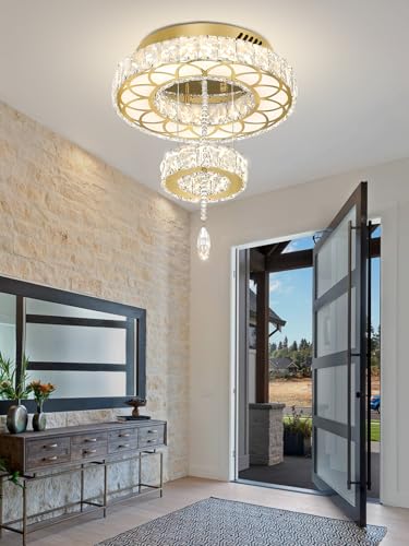 Dia 12" Crystal Mini Chandelier Crystal Gold Ceiling Light Fixtures LED Flush Mount Ceiling Light for Living Room Bedrooms Dining Room Dimmable 2700k 4500k 6000k (Gold / W:12inches)