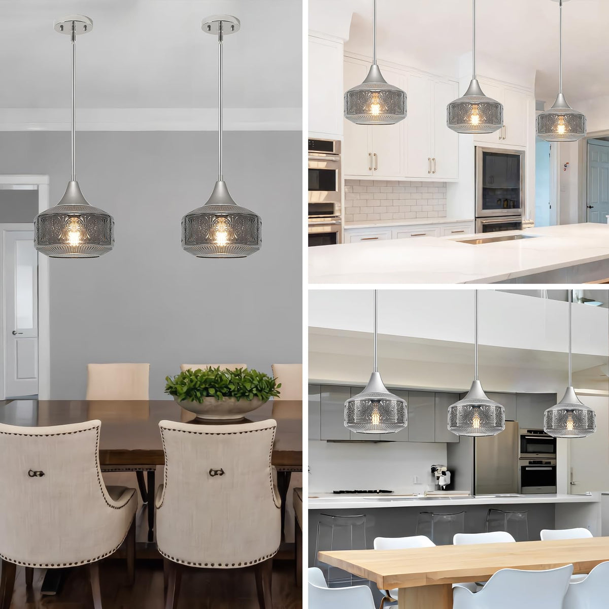 Chrome Pendant Lights Kitchen Island with Smoke Grey Glass over Kitchen (Nickel+Grey Glass / 9.25in)