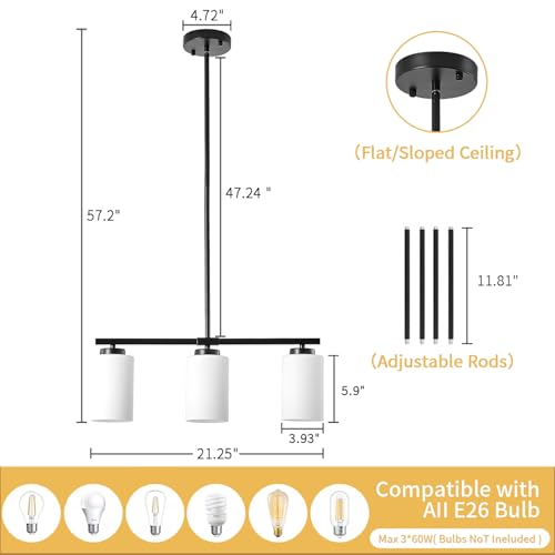 Modern Island Lights for Kitchen Black Chandelier Dining Room Light Fixture (3-Light White Glass)