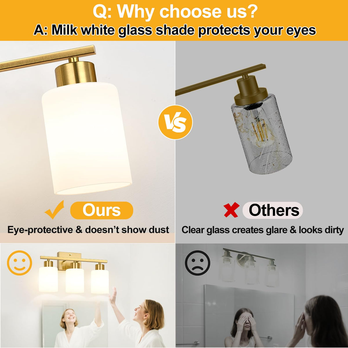 3 Light Bathroom Light Fixtures (Brushed Gold & Milk Glass / 3-light)