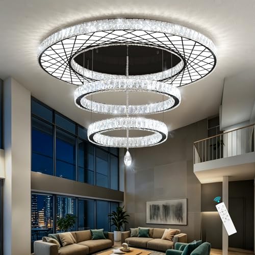 48 inch Large Size Glam Chandelier Crystal Ceiling Light for Living Room Chandeliers Lighting Fixtures with Remote Dimmable LED Light (48 inch / Black)