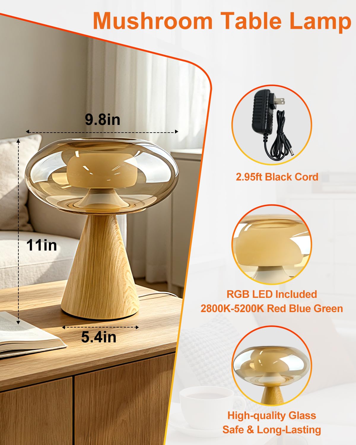 Mushroom Table Lamp Dimmable RGB Ambient Lighting Bedside Lamp (24-Walnut-Mushroom)
