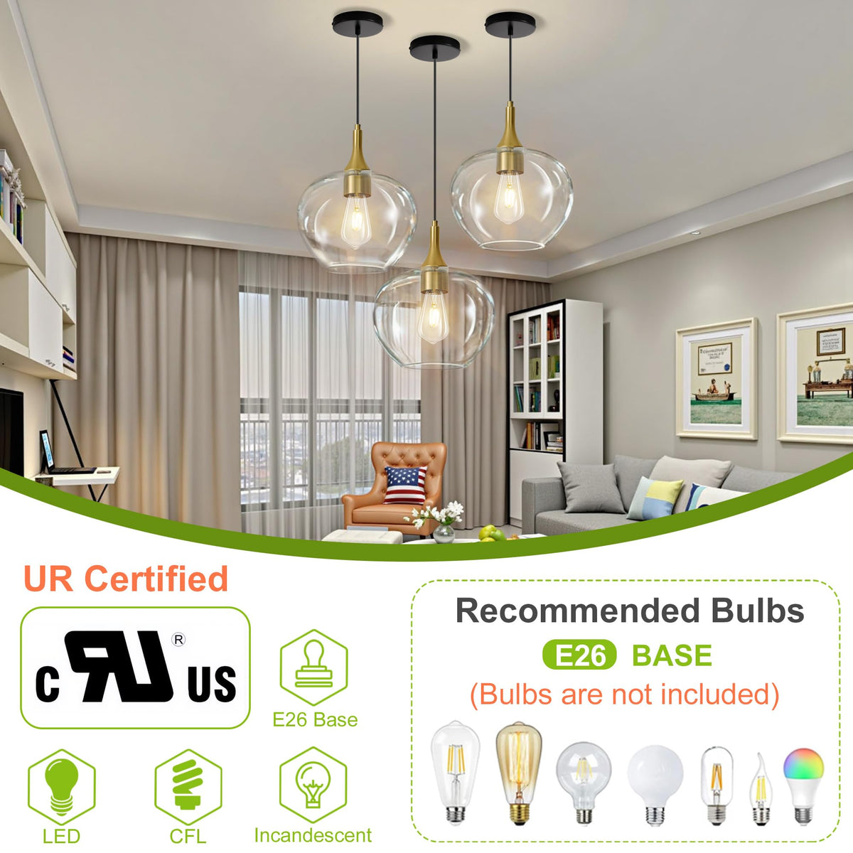9.45in Black Gold Pendant Lights Kitchen Island with Clear Glass Shade 1PC (Black Gold-Clear Glass)