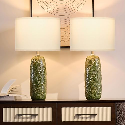 25" Green Ceramic Table Lamps for Living Room Set of 2 with Leaves Design (Green-L)