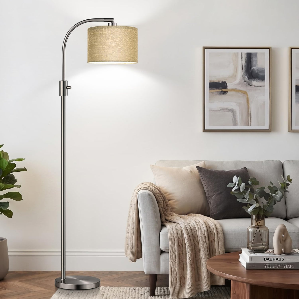 Dimmable Sliver Floor Lamp (Brushed Nickel-Champagne Linen Shade)